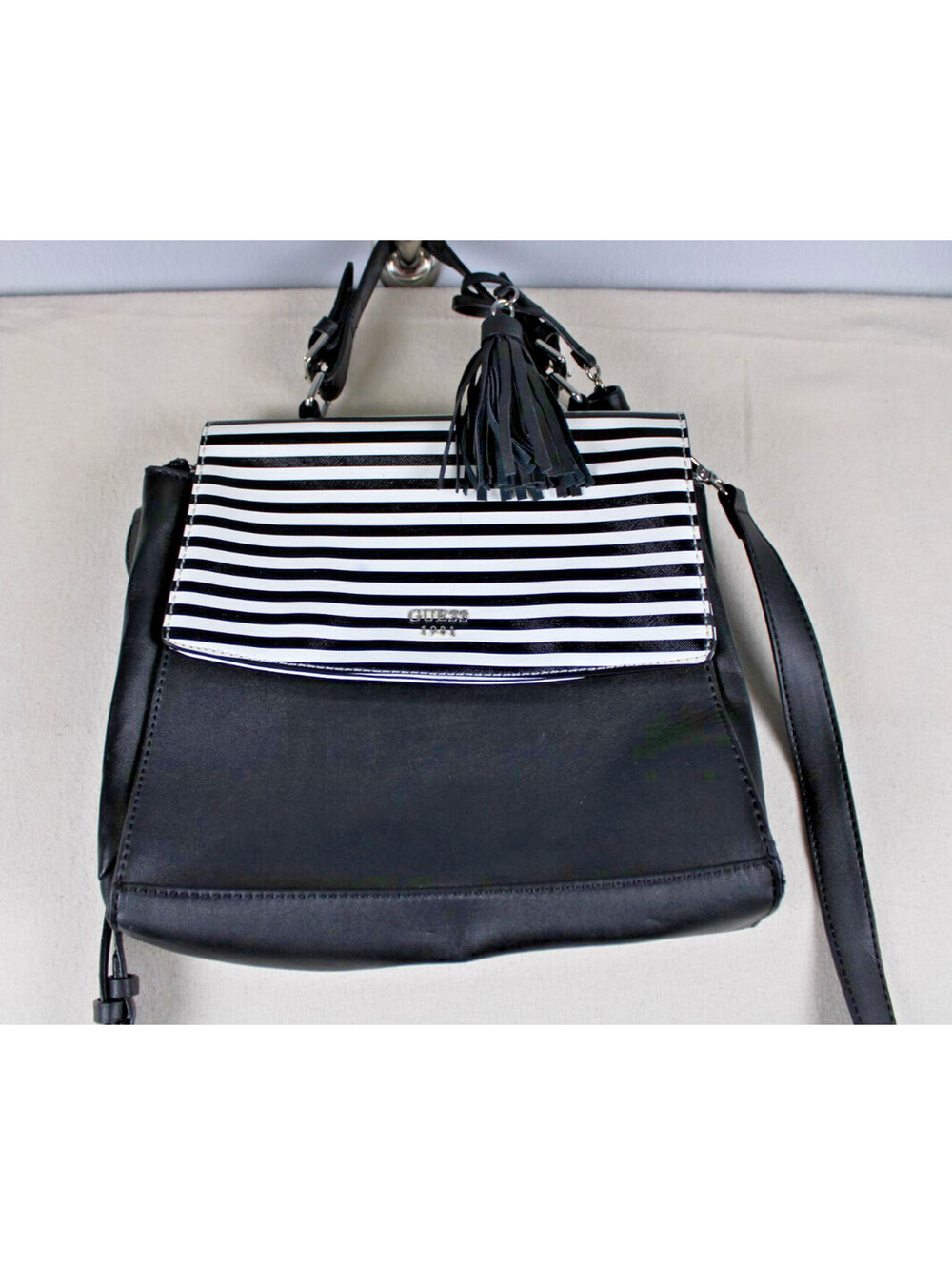GUESS Striped Flap Top Handle Satchel Crossbody Bag Purse Black White Pristine